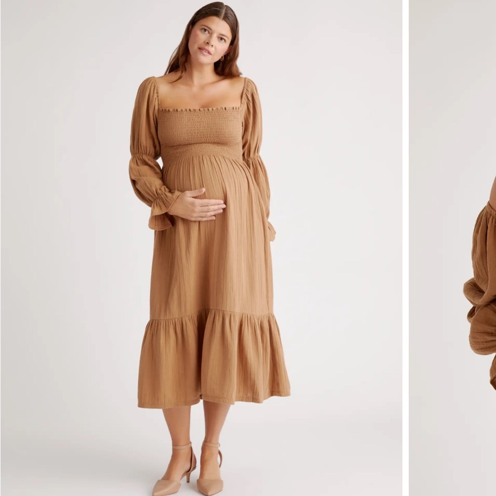 Quince Cotton Gauze Maternity Smocked Ruffle Hem Midi Dress